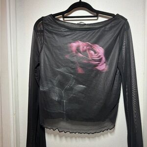 Ardene Black Sheer Long-Sleeve Top with Pink Rose
